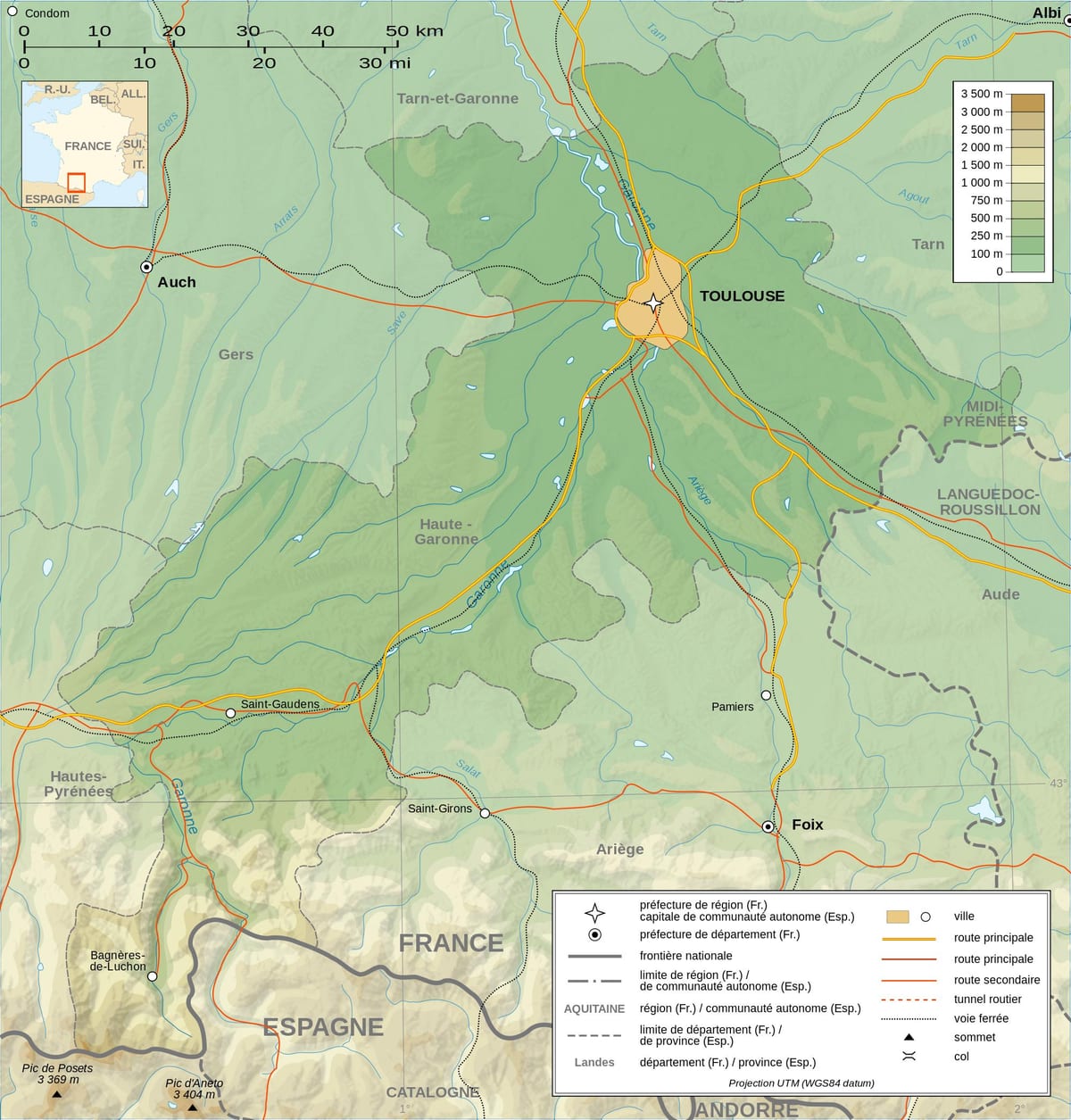 mappa topografica di Tolosa